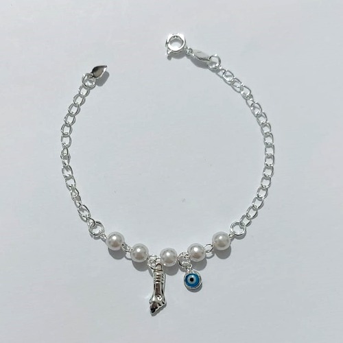 PULSEIRA FOLHEADA A PRATA COM 50 MILÉSIMOS + VERNIZ DIAMOND - PULSEIRA COM PÉROLAS OLHOS GREGOS E FIGA A- TAMANHO: 14CM - FECHO LAGOSTA PRPS001061