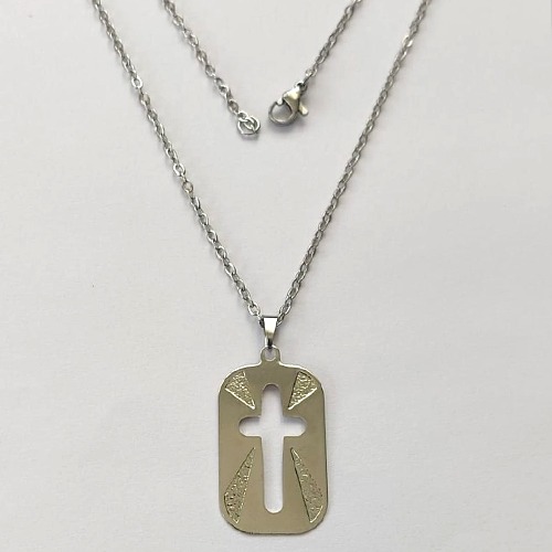GARGANTILHA EM AÇO INOXIDÁVEL -(ACO07) CORRENTE ELO PORTUGUÊS 50CM (E1323) COM PINGENTE RETANGULAR CRUCIFIXO VAZADO 19X30MM - FECHO LAGOSTA - (AÇO1369) ACGG000226