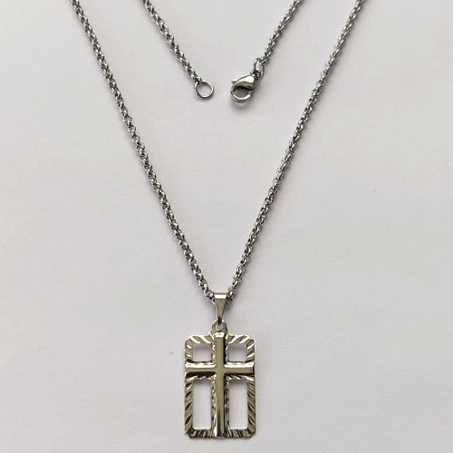 GARGANTILHA EM AÇO INOXIDÁVEL- (BCOL033) CORRENTE ELO PORTUGUÊS 50CM (E1287) COM PINGENTE RETANGULAR CRUCIFIXO VAZADO 14X20MM - FECHO LAGOSTA - (AÇO1370) ACGG000227
