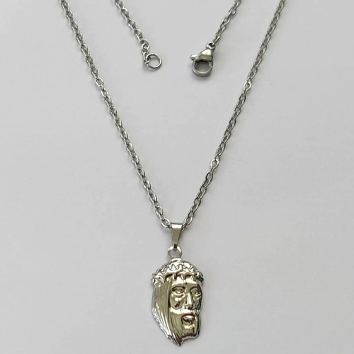 GARGANTILHA EM AÇO INOXIDÁVEL -CORRENTE (O7) 50CM  COM PINGENTE FACE DE CRISTO 7X18MM - FECHO LAGOSTA - (AÇO1374)ACGG000231