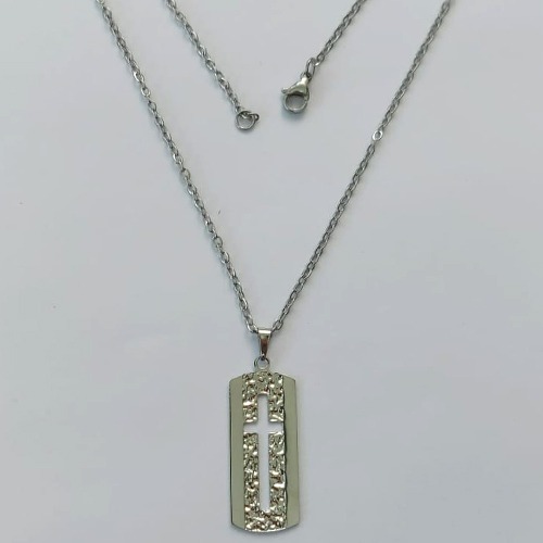 GARGANTILHA EM AÇO INOXIDÁVEL-  CORRENTE (07) 50CM (E1351) COM PINGENTE RETANGULAR CRUCIFIXO 13x34MM - FECHO LAGOSTA - (AÇO1401)ACGG000259