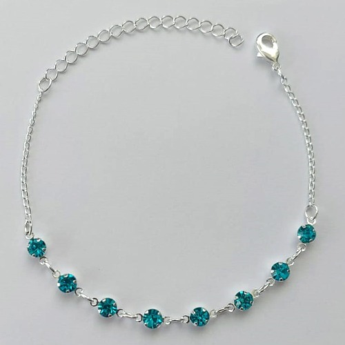 PULSEIRA FOLHEADO A PRATA COM 50 MILÉSIMOS + VERNIZ DIAMOND - PULSEIRA 15CM COM STRASS AZUÍS + EXTENSOR + FECHO LAGOSTA (PRA034) PRPS001065