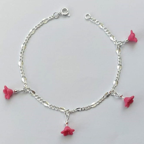 PULSEIRA FOLHEADO A PRATA COM 50 MILÉSIMOS + VERNIZ DIAMOND - PULSEIRA 19CM COM FLORES ROSA (PRA039) PRPS001070