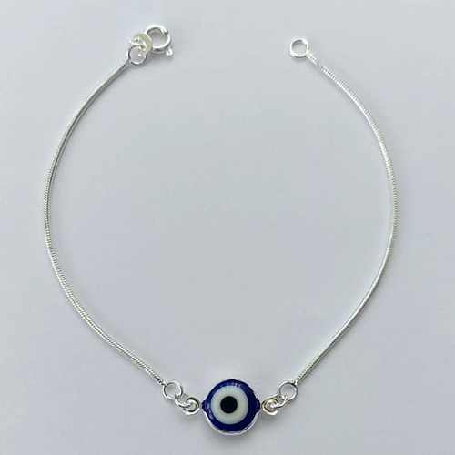 PULSEIRA FOLHEADO A PRATA COM 50 MILÉSIMOS + VERNIZ DIAMOND - PULSEIRA 18CM RABO DE RATO COM OLHO GREGO 10MM (PRA040) PRPS001071