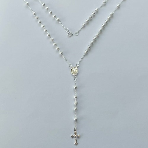 TERÇO FOLHEADA A PRATA COM 50 MILÉSIMOS + VERNIZ DIAMOND TERÇO CORRENTE BOLINHAS BRILHANTES COM PINGENTE NOSSA SENHORA APARECIDA COM CRUCIFIXO 8MM (PRA056) PRGG001375