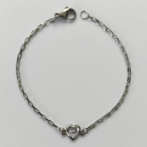 PULSEIRA EM AÇO INOXIDÁVEL - (ACO1012) PULSEIRA TIJOLINHO COM PINGENTE CORAÇÃO EM ZIRCÔNIA CRISTAL 7MM - TAMANHO 18CM - FECHO LAGOSTA - COMPOSIÇÃO: AÇO INOXIDÁVEL (AÇO1446) ACPS000606