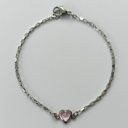 PULSEIRA EM AÇO INOXIDÁVEL - (ACO1012) PULSEIRA TIJOLINHO COM PINGENTE CORAÇÃO EM ZIRCÔNIA ROSA 7MM - TAMANHO 18CM - FECHO LAGOSTA - COMPOSIÇÃO: AÇO INOXIDÁVEL (AÇO1447) ACPS000607