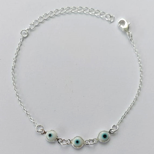 PULSEIRA FOLHEADO A PRATA COM 50 MILÉSIMOS + VERNIZ DIAMOND - PULSEIRA 16CM COM OLHOS GREGOS (PRA058) PRPS001080
