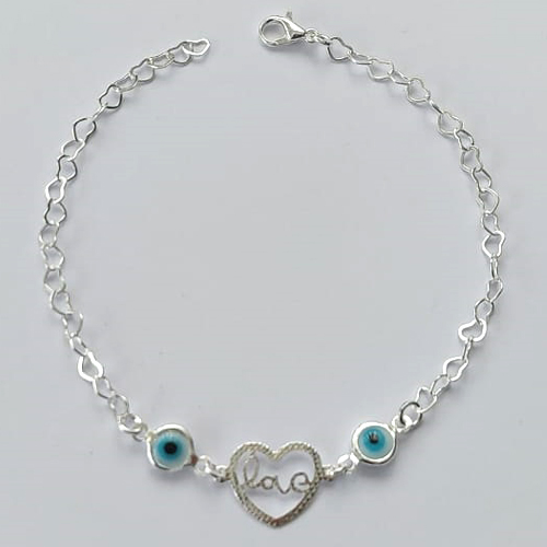 PULSEIRA FOLHEADO A PRATA COM 50 MILÉSIMOS + VERNIZ DIAMOND - PULSEIRA 20CM COM OLHOS GREGOS E CORAÇÃO LOVE (PRA059) PRPS001081