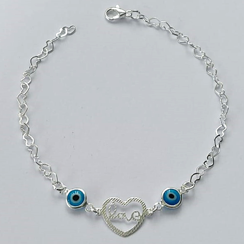 PULSEIRA FOLHEADO A PRATA COM 50 MILÉSIMOS + VERNIZ DIAMOND - PULSEIRA 20CM COM OLHOS GREGOS E CORAÇÃO LOVE (PRA061) PRPS001083