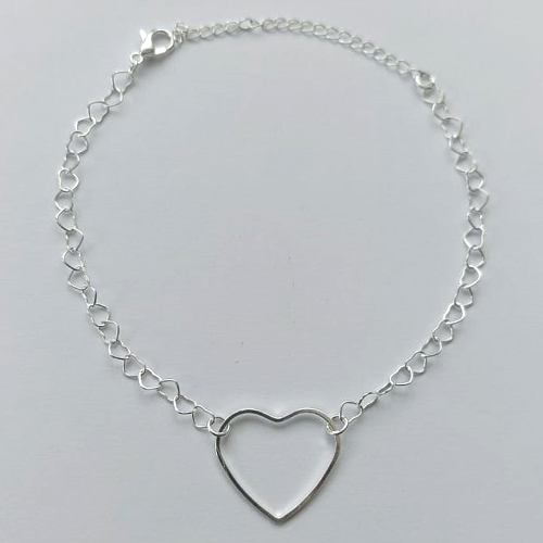 PULSEIRA FOLHEADA A PRATA COM 50 MILÉSIMOS + VERNIZ DIAMOND - PULSEIRA 18CM CORRENTE CORAÇÃO COM CORAÇÃO VAZADO + EXTENSOR - FECHO LAGOSTA( PRA063)  PRPS001085