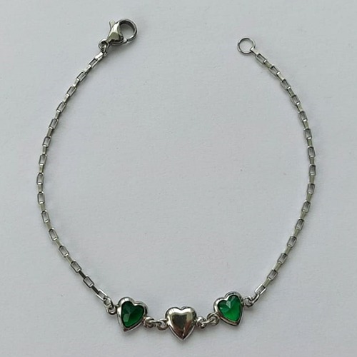 PULSEIRA EM AÇO INOXIDÁVEL - (ACO1012) - PULSEIRA COM CORAÇÃO EM ZIRCÔNIA VERDE - TAMANHO 17CM - FECHO LAGOSTA - COMPOSIÇÃO: AÇO INOXIDÁVEL - (AÇO1478)ACPS000614
