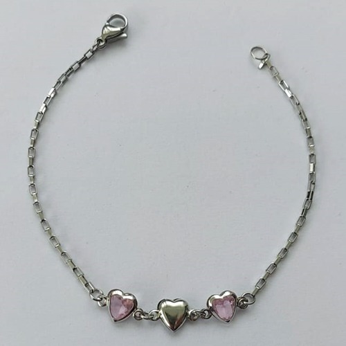 PULSEIRA EM AÇO INOXIDÁVEL - (ACO1012) - PULSEIRA COM CORAÇÃO EM ZIRCÔNIA ROSA - TAMANHO 17CM - FECHO LAGOSTA - COMPOSIÇÃO: AÇO INOXIDÁVEL - (AÇO1479)ACPS000615
