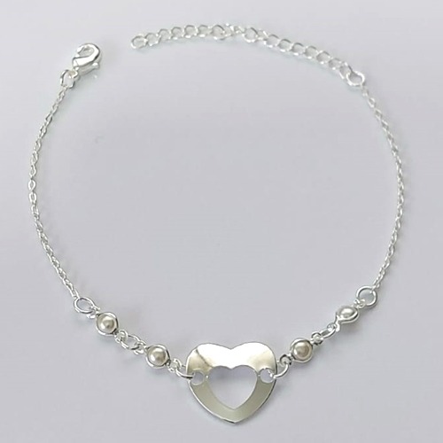 PULSEIRA FOLHEADO A PRATA COM 50 MILÉSIMOS + VERNIZ DIAMOND - PULSEIRA17CM CORAÇÃO VAZADO COM PÉROLAS + EXTENSOR FECHO LAGOSTA  - (PRA090)PRPS001098
