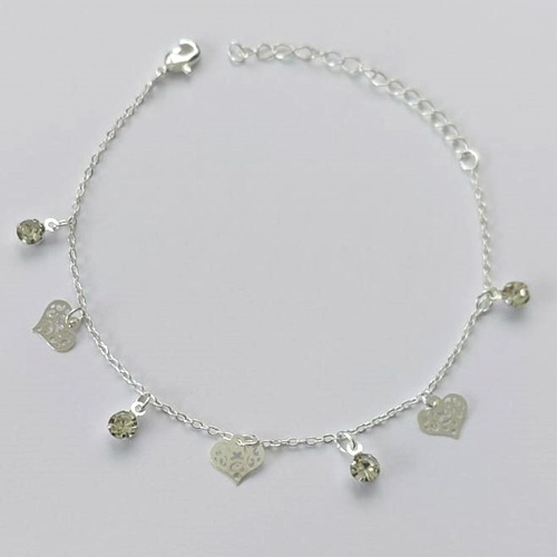PULSEIRA FOLHEADO A PRATA COM 50 MILÉSIMOS + VERNIZ DIAMOND - PULSEIRA 17CM STRASS E CORAÇÕES DESENHADOS + EXTENSOR FECHO LAGOSTA   - (PRA094)PRPS001102