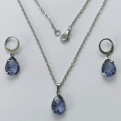 CONJUNTO EM AÇO INOXIDÁVEL - (AÇO03) CONJUNTO COM CORRENTE 50CM E BRINCOS ARGOLAS DE PRESSÃO COM PINGENTES EM ZIRCÔNIAS LILÁS 10X14MM - COMPOSIÇÃO: AÇO INOXIDÁVEL - (AÇO1637)ACCJ000039