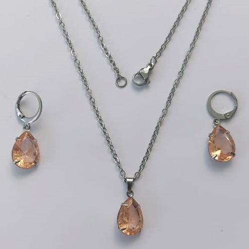 CONJUNTO EM AÇO INOXIDÁVEL - (AÇO03) CONJUNTO COM CORRENTE 50CM E BRINCOS ARGOLAS DE PRESSÃO COM PINGENTES EM ZIRCÔNIAS SALMÃO FUSION 10X14MM - COMPOSIÇÃO: AÇO INOXIDÁVEL - (AÇO1641) ACCJ000043