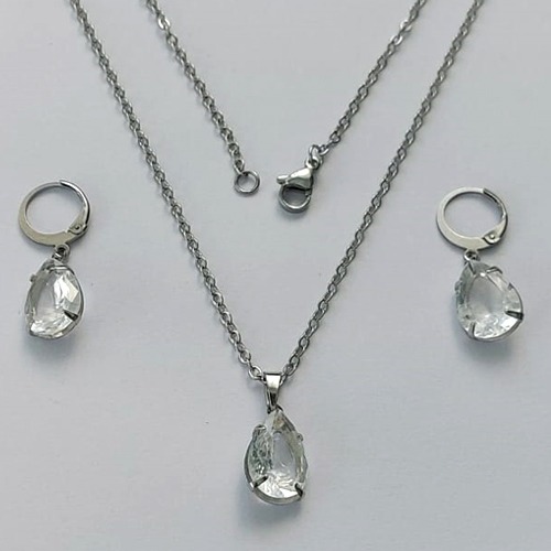 CONJUNTO EM AÇO INOXIDÁVEL - (AÇO03) CONJUNTO COM CORRENTE 50CM E BRINCOS ARGOLAS DE PRESSÃO COM PINGENTES EM ZIRCÔNIAS CRISTAL FUSION 10X14MM - COMPOSIÇÃO: AÇO INOXIDÁVEL - (AÇO1642)ACCJ000044