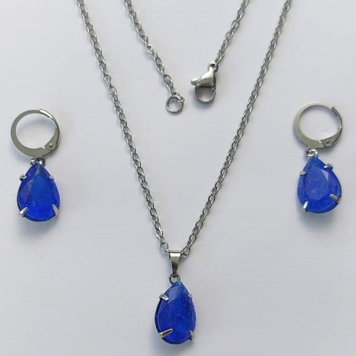 CONJUNTO EM AÇO INOXIDÁVEL - (AÇO03) CONJUNTO COM CORRENTE 50CM E BRINCOS ARGOLAS DE PRESSÃO COM PINGENTES EM ZIRCÔNIAS AZUÍS FUSION 10X14MM - COMPOSIÇÃO: AÇO INOXIDÁVEL - (AÇO1643) ACCJ000045