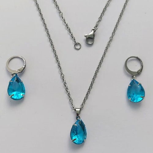 CONJUNTO EM AÇO INOXIDÁVEL - (AÇO03) CONJUNTO COM CORRENTE 50CM E BRINCOS ARGOLAS DE PRESSÃO COM PINGENTES EM ZIRCÔNIAS AZUÍS CLARO FUSION 10X14MM - COMPOSIÇÃO: AÇO INOXIDÁVEL - (AÇO1644)ACCJ000046