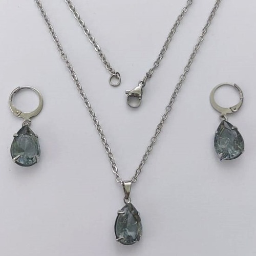 CONJUNTO EM AÇO INOXIDÁVEL - (AÇO03) CONJUNTO COM CORRENTE 50CM E BRINCOS ARGOLAS DE PRESSÃO COM PINGENTES EM ZIRCÔNIAS CINZAS FUSION 10X14MM - COMPOSIÇÃO: AÇO INOXIDÁVEL - (AÇO1646) ACCJ000048