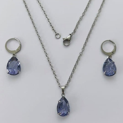 CONJUNTO EM AÇO INOXIDÁVEL - (AÇO03) CONJUNTO COM CORRENTE 50CM E BRINCOS ARGOLAS DE PRESSÃO COM PINGENTES EM ZIRCÔNIAS LILÁS FUSION 10X14MM - COMPOSIÇÃO: AÇO INOXIDÁVEL - (AÇO1647) ACCJ000049