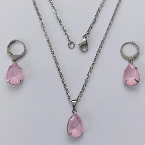 CONJUNTO EM AÇO INOXIDÁVEL - (AÇO03) CONJUNTO COM CORRENTE 50CM E BRINCOS ARGOLAS DE PRESSÃO COM PINGENTES EM RESINA ROSA 10X14MM - COMPOSIÇÃO: AÇO INOXIDÁVEL - (AÇO1649)ACCJ000050