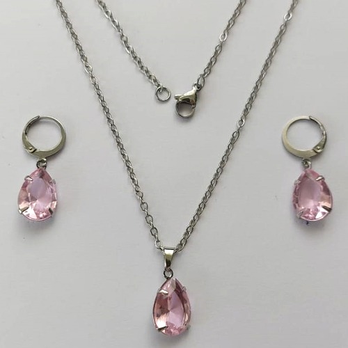 CONJUNTO EM AÇO INOXIDÁVEL - (AÇO03) CONJUNTO COM CORRENTE 50CM E BRINCOS ARGOLAS DE PRESSÃO COM PINGENTES EM ZIRCÔNIAS ROSAS  10X14MM - COMPOSIÇÃO: AÇO INOXIDÁVEL - (AÇO1661) ACCJ000063