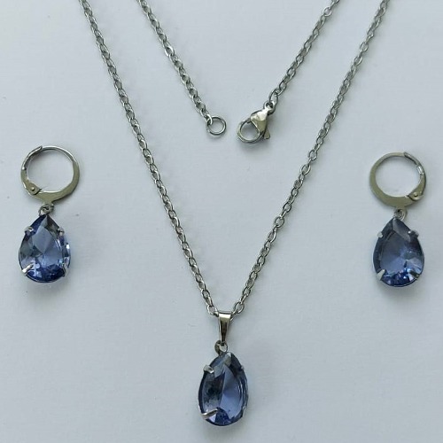 CONJUNTO EM AÇO INOXIDÁVEL - (AÇO03) CONJUNTO COM CORRENTE 50CM E BRINCOS ARGOLAS DE PRESSÃO COM PINGENTES EM ZIRCÔNIAS LILÁS  10X14MM - COMPOSIÇÃO: AÇO INOXIDÁVEL - (AÇO1662) ACCJ000064