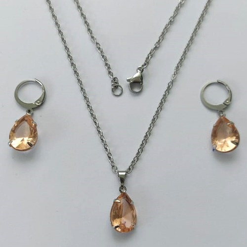 CONJUNTO EM AÇO INOXIDÁVEL - (AÇO03) CONJUNTO COM CORRENTE 50CM E BRINCOS ARGOLAS DE PRESSÃO COM PINGENTES EM ZIRCÔNIAS SALMÃO 10X14MM - COMPOSIÇÃO: AÇO INOXIDÁVEL - (AÇO1667) ACCJ000070