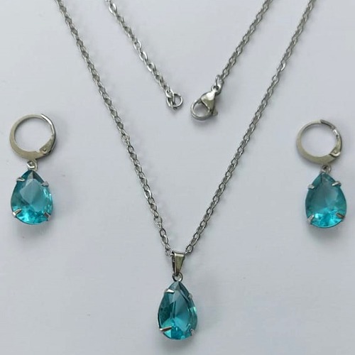 CONJUNTO EM AÇO INOXIDÁVEL - (AÇO03) CONJUNTO COM CORRENTE 50CM E BRINCOS ARGOLAS DE PRESSÃO COM PINGENTES EM ZIRCÔNIAS AZUÍS 10X14MM - COMPOSIÇÃO: AÇO INOXIDÁVEL - (AÇO1668) ACCJ000071
