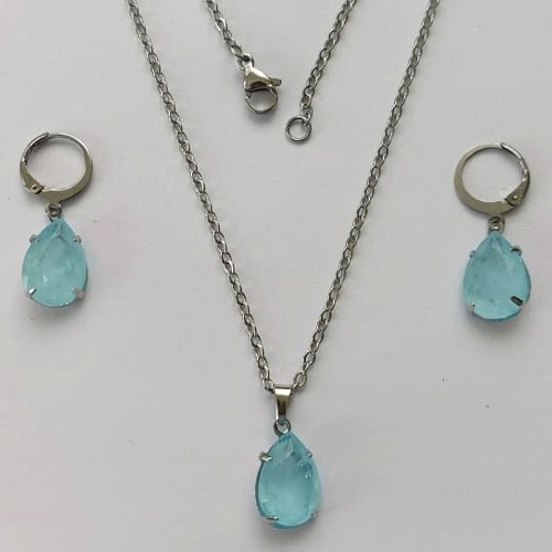 CONJUNTO EM AÇO INOXIDÁVEL - (AÇO03) CONJUNTO COM CORRENTE 50CM E BRINCOS ARGOLAS DE PRESSÃO COM PINGENTES EM ZIRCÔNIAS AZUÍS 10X14MM - COMPOSIÇÃO: AÇO INOXIDÁVEL - (AÇO1673)ACCJ000076