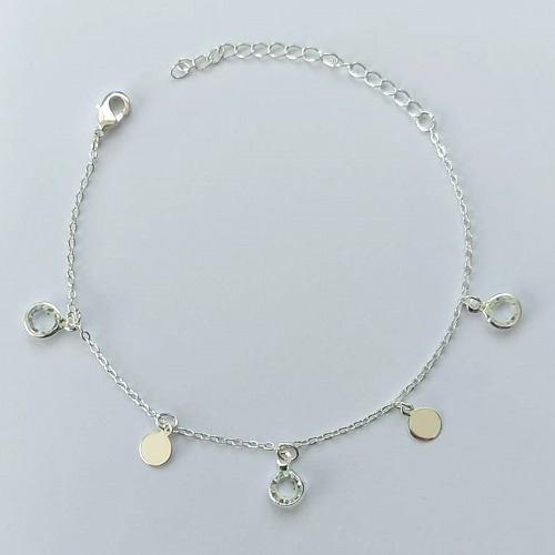 PULSEIRA FOLHEADA A PRATA COM 50 MILÉSIMOS + VERNIZ DIAMOND - PULSEIRA COM PEDRAS CRISTAIS E BOLINHAS LISAS - TAMANHO: 16CM + EXTENSOR E  FECHO LAGOSTA (PRA100) PRPS001106