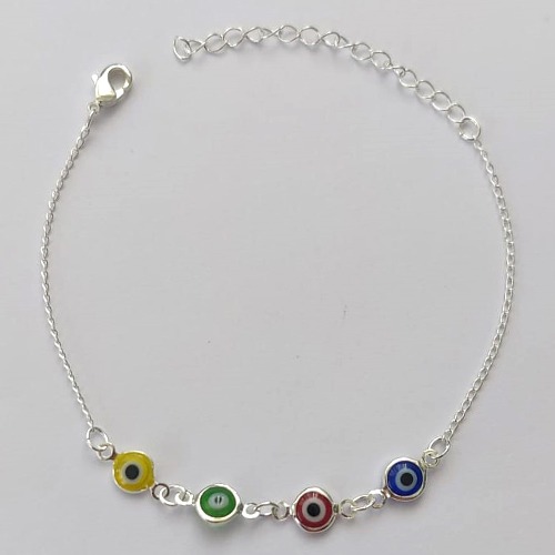PULSEIRA FOLHEADA A PRATA COM 50 MILÉSIMOS + VERNIZ DIAMOND - PULSEIRA COM OLHOS GREGOS COLORIDOS - TAMANHO: 16CM + EXTENSOR E FECHO LAGOSTA - (PRA107)PRPS001113