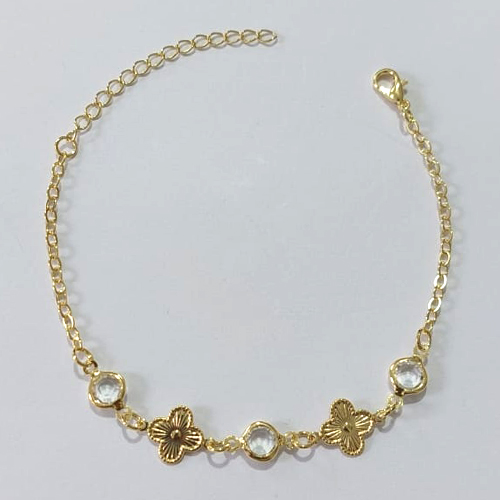 PULSEIRA FOLHEADA A OURO - BANHADO COM 3 MILÉSIMOS + VERNIZ DIAMOND - PULSEIRA 16CM COM TREVO E PEDRA CRISTAL OUPS000051