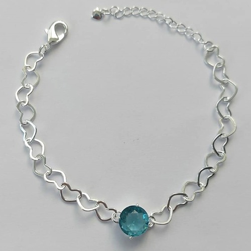 PULSEIRA FOLHEADA A PRATA COM 50 MILÉSIMOS + VERNIZ DIAMOND - CORRENTE CORAÇÃO 17CM + EXTENSOR E FECHO LAGOSTA - PINGENTE EM ZIRCÔNIA AZUL CLARA 9MM (PRA154) PRPS001116