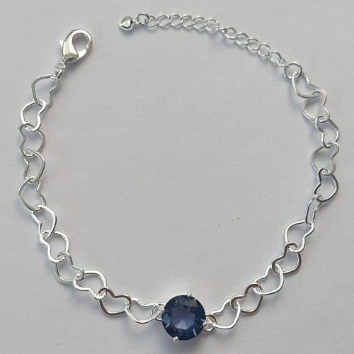 PULSEIRA FOLHEADA A PRATA COM 50 MILÉSIMOS + VERNIZ DIAMOND - CORRENTE CORAÇÃO 17CM + EXTENSOR E FECHO LAGOSTA - PINGENTE EM ZIRCÔNIA LILÁS 9MM (PRA152) PRPS001118