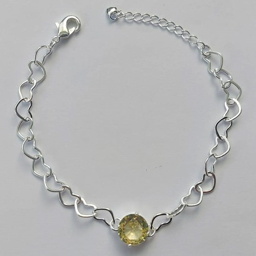 PULSEIRA FOLHEADA A PRATA COM 50 MILÉSIMOS + VERNIZ DIAMOND - CORRENTE CORAÇÃO 17CM + EXTENSOR E FECHO LAGOSTA - PINGENTE EM ZIRCÔNIA AMARELO 9MM (PRA150) PRPS001120