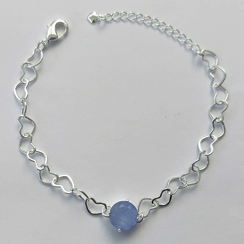 PULSEIRA FOLHEADA A PRATA COM 50 MILÉSIMOS + VERNIZ DIAMOND - CORRENTE CORAÇÃO 17CM + EXTENSOR E FECHO LAGOSTA - PINGENTE EM ZIRCÔNIA AZUL 9MM (PRA144) PRPS001126
