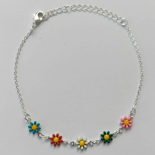 PULSEIRA FOLHEADA A PRATA COM 50 MILÉSIMOS + VERNIZ DIAMOND - PULSEIRA COM MARGARIDAS COLORIDAS - TAMANHO: 17CM + EXTENSOR E  FECHO LAGOSTA (PRA171) PRPS001127