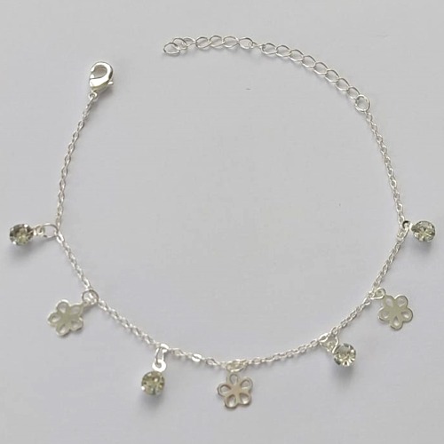 PULSEIRA FOLHEADA A PRATA COM 50 MILÉSIMOS + VERNIZ DIAMOND - PULSEIRA COM FLORES  E STRASS - TAMANHO: 16CM + EXTENSOR E  FECHO LAGOSTA (PRA187) PRPS001130