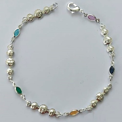 PULSEIRA FOLHEADA A PRATA COM 50 MILÉSIMOS + VERNIZ DIAMOND - PULSEIRA COM CRISTAIS COLORIDOS - TAMANHO: 17CM E  FECHO LAGOSTA (PRA244) PRPS001135