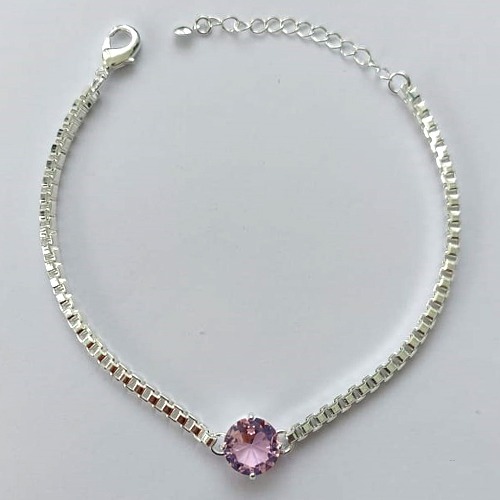 PULSEIRA FOLHEADA A PRATA COM 50 MILÉSIMOS + VERNIZ DIAMOND - PULSEIRA COM CORRENTE QUADRADINHA 3MM COM PEDRA EM ZIRCÔNIA REDONDA 10X10MM - TAMANHO: 18CM + EXTENSOR E FECHO LAGOSTA (ESCOLHA A COR) (PRA245) PRPS001137