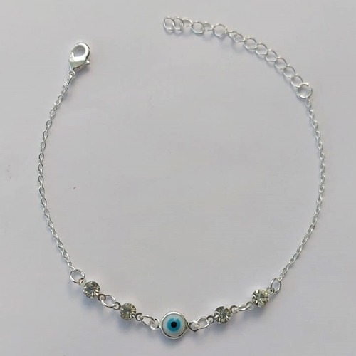 PULSEIRA FOLHEADA A PRATA COM 50 MILÉSIMOS + VERNIZ DIAMOND - PULSEIRA 16CM + EXTENSOR COM STRASS E OLHO GREGO - (PRA276) PRPS001146
