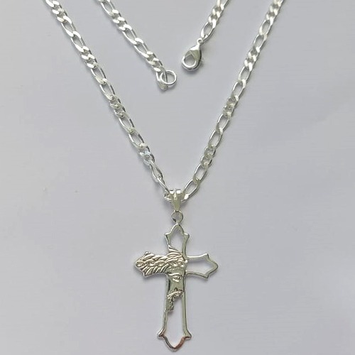 GARGANTILHA FOLHEADA A PRATA COM 80 MILÉSIMOS + VERNIZ CATAFORÉTICO - GARGANTILHA CORRENTE 2X2 48CM PINGENTE CRUCIFIXO FACE DE CRISTO 40X26MM - LARGURA 3MM E FECHO LAGOSTA (PRA284) PRGG001424