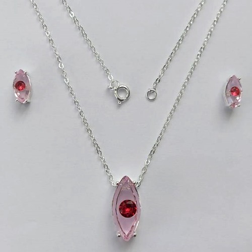 CONJUNTO FOLHEADO A PRATA COM 50 MILÉSIMOS  + VERNIZ DIAMOND CORRENTE CADEADO 40CM COM ZIRCÔNIA ROSA 9MM E  BRINCOS PINO COM ZIRCÔNIA ROSA 5MM (PRA295) PRCJ000191
