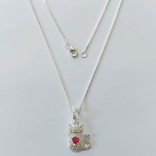 GARGANTILHA FOLHEADA A PRATA COM 50 MILÉSIMOS + VERNIZ DIAMOND - GARGANTILHA CORRENTE VENEZIANA PINGENTE GATO COM MICRO ZIRCÔNIAS 13MM - PRGG001431