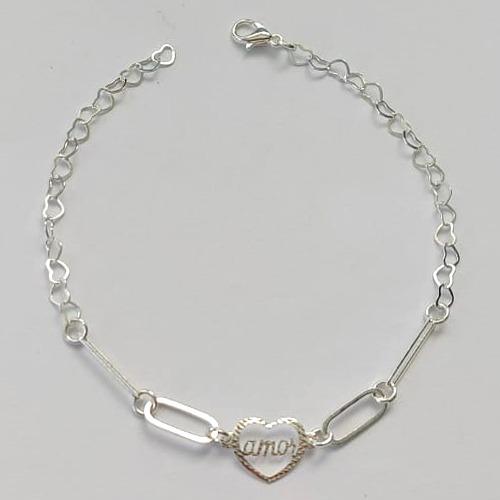 PULSEIRA FOLHEADA A PRATA COM 50 MILÉSIMOS + VERNIZ DIAMOND - PULSEIRA COM CORAÇÃO VAZADO AMOR - TAMANHO: 19CM E  FECHO LAGOSTA (PRA315) PRPS001154