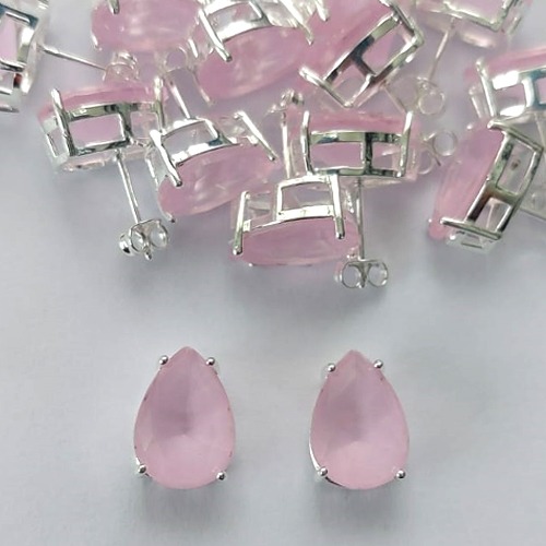 BRINCO FOLHEADA A PRATA COM 50 MILÉSIMOS + VERNIZ DIAMOND - BRINCO DE PINO BASE ALTA FUSÃO ROSA 10X14MM (PRA355)(PAR) PRBR001160