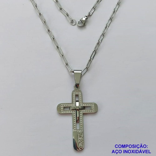 GARGANTILHA EM AÇO INOXIDÁVEL - (12753) GARGANTILHA COM CORRENTE 60CM E PINGENTE CRUCIFIXO DUPLO VAZADO E DESENHADO 20X37MM - COMPOSIÇÃO: AÇO INOXIDÁVEL - (AÇO1981) ACGG000421